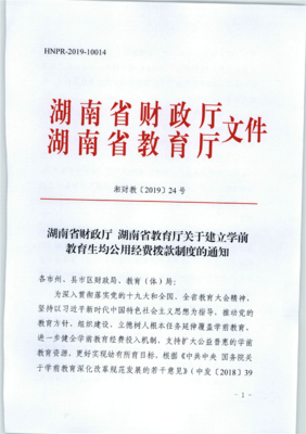 湖南省财政厅 湖南省教育厅关于建立学前教育生均公用经费拨款制度的通知